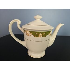 STYLE HOUSE KIMBERLY PATTERN GREEN & GOLD FINE BONE CHINA TEAPOT WITH LID